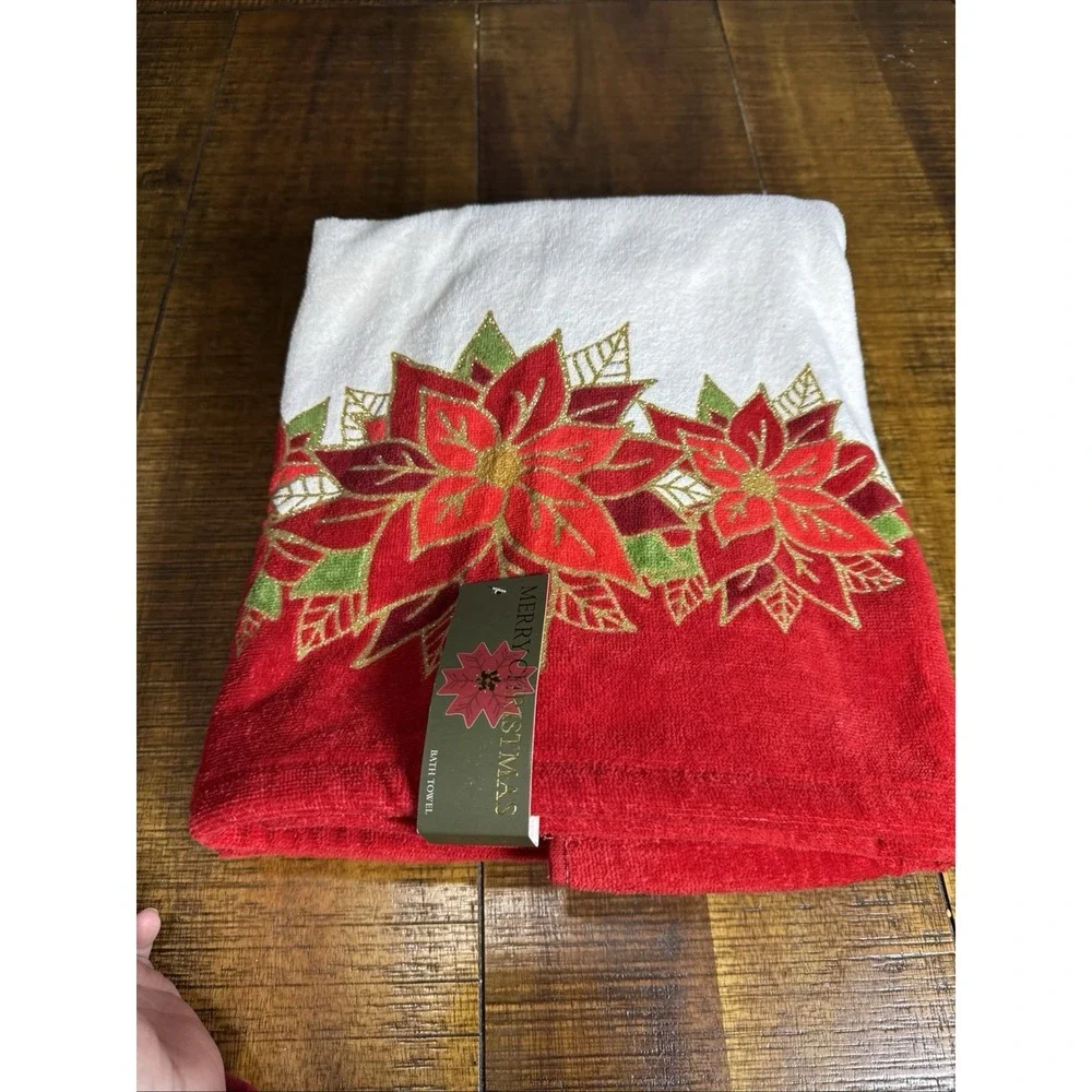 Vtg NOS 90's Merry Christmas Poinsettia Holiday Bath Towels 2pc‎ Set OEKO-TEX